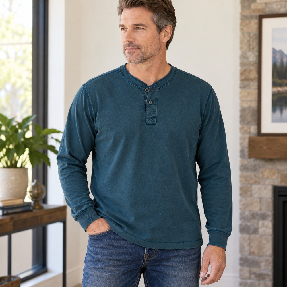 Eddie Bauer Heritage Basin XL Teal Cotton Long Sleeve Henley Shirt Fall 2012